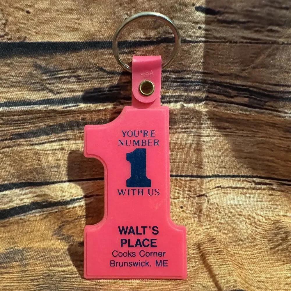Vintage Walts Place Key Chain Pink Rubber Number 1 Brunswick Maine Advertising